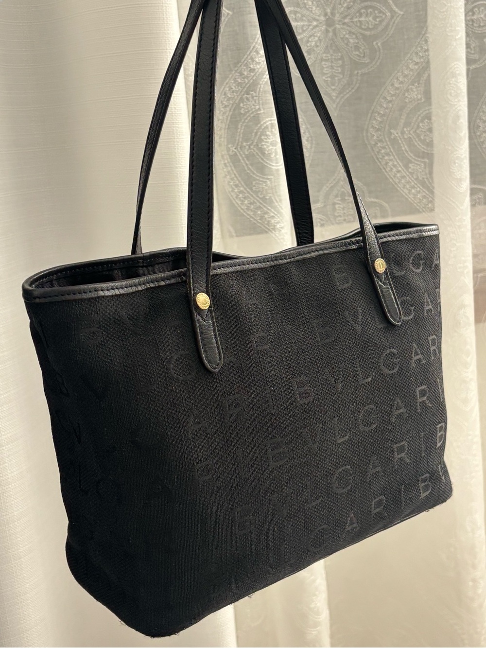 Bvlgari Black Tonal Monogram Canvas Tote with Leather Straps, VGUC, 11x8x5, COA
